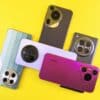 Several smartphones with unique camera designs arranged on yellow.