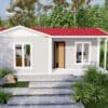 A small, modern prefabricated house with a red roof.