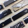 a bunch of different types of memory cards on a table