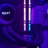a close up of a purple and black computer