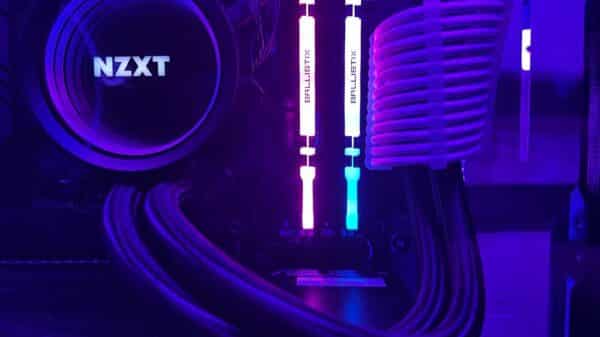 a close up of a purple and black computer