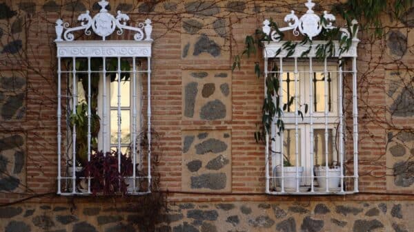 Two ornate windows with decorative iron bars.