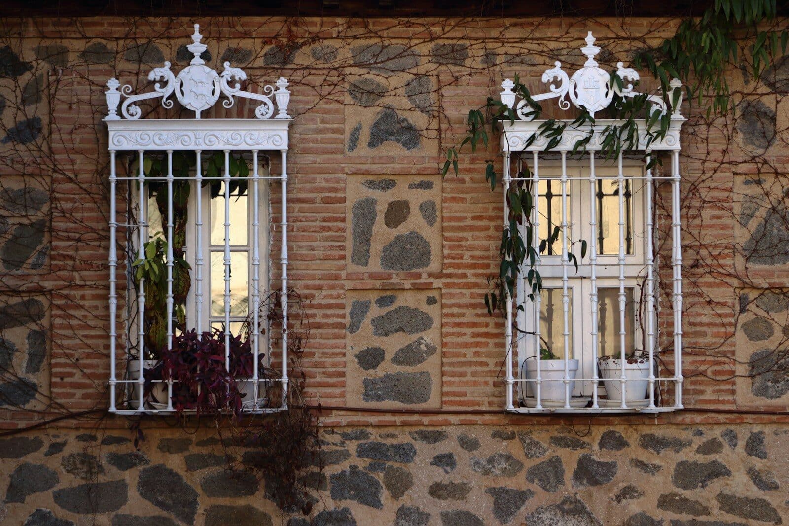 Two ornate windows with decorative iron bars.