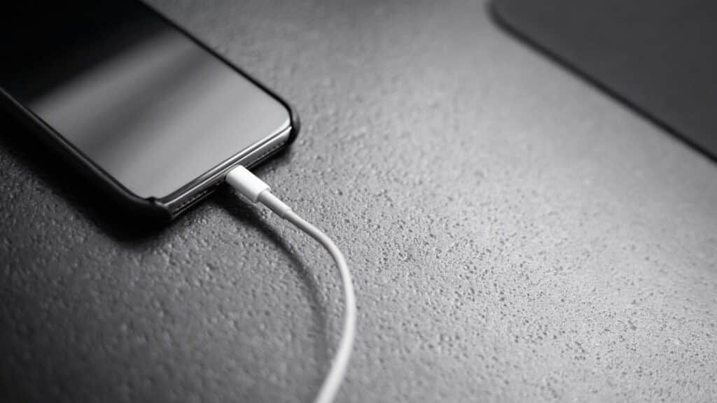 black smartphone with charger cord connected