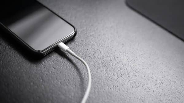 black smartphone with charger cord connected